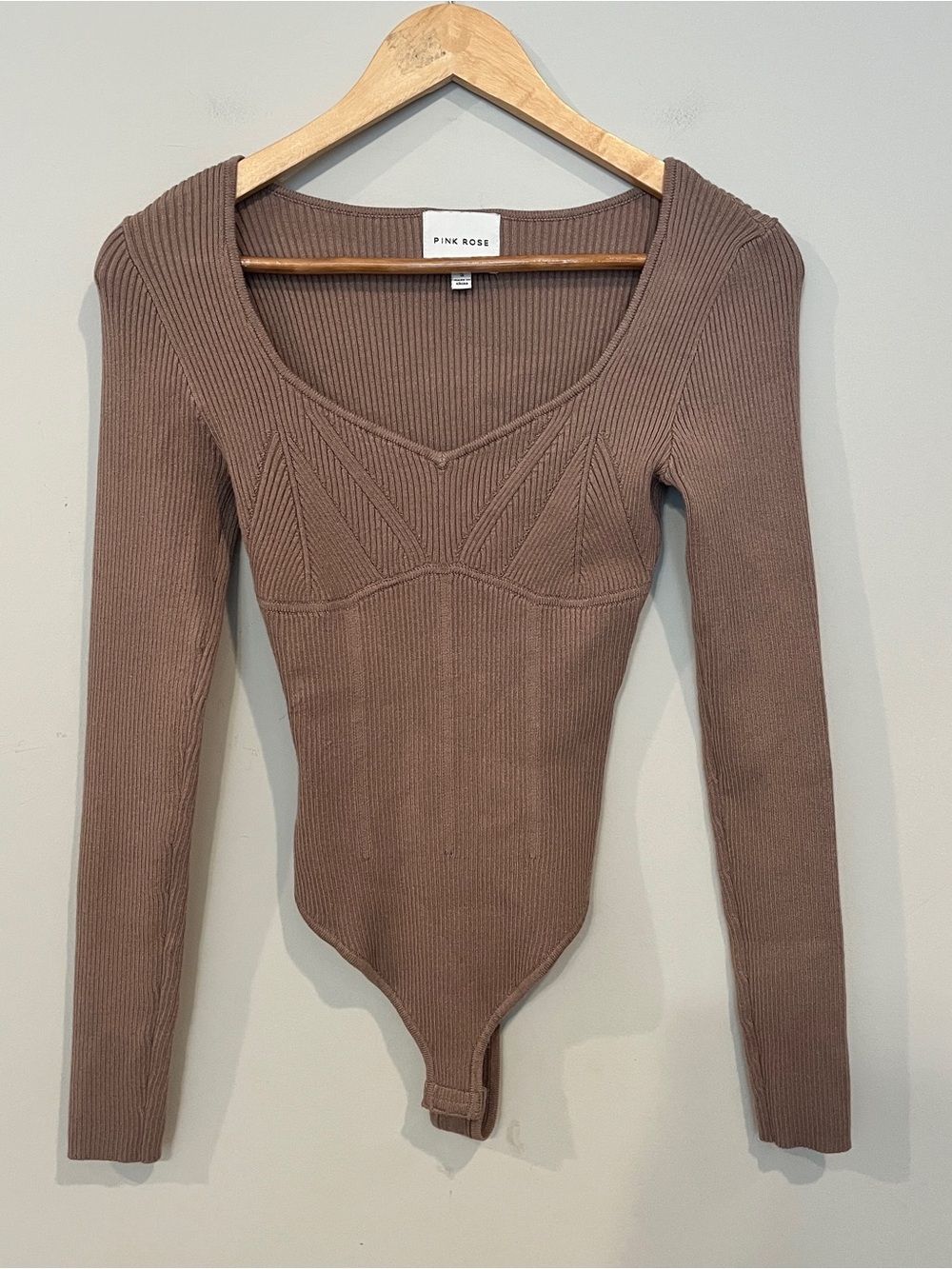 Pink Rose Ribbed Long-Sleeve Bodysuit in Soft Brown